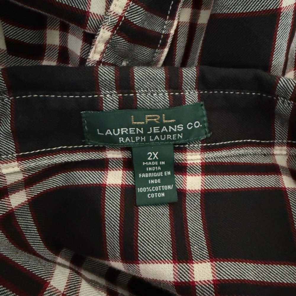 Ralph Lauren Women's 2X Button Down Blouse 100% Cotton Plaid Red Black Roll Tabs - Picture 4 of 5